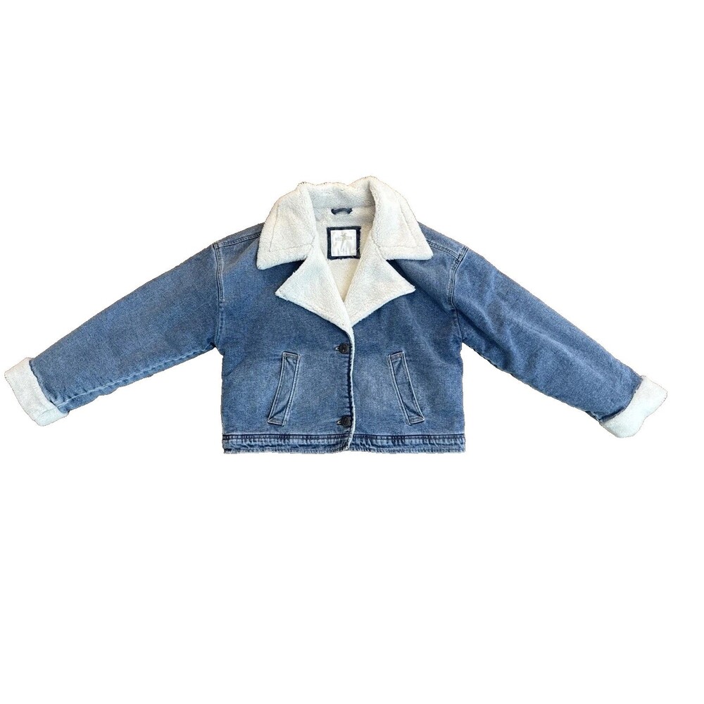 Hollister Faux Sherpa Lined Denim Jacket Blue Jean Coat Fur Collar Womens XL